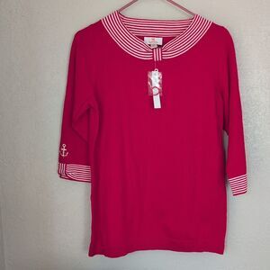 Quacker Factory Women's XS Red White Sailor Anchor 3/4 Sleeve Light Sweater Top